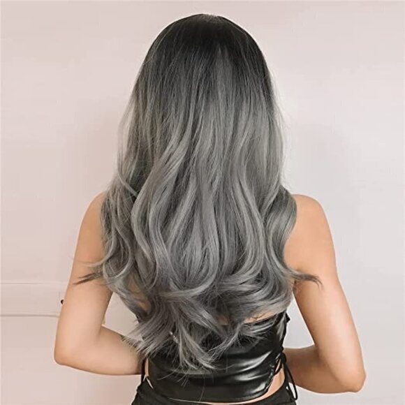 🆕 Stunning Long Dark Gray Ombre Wig Synthetic Lace Wig Full Bangs SEXY NWT👀😘 - Picture 4 of 8